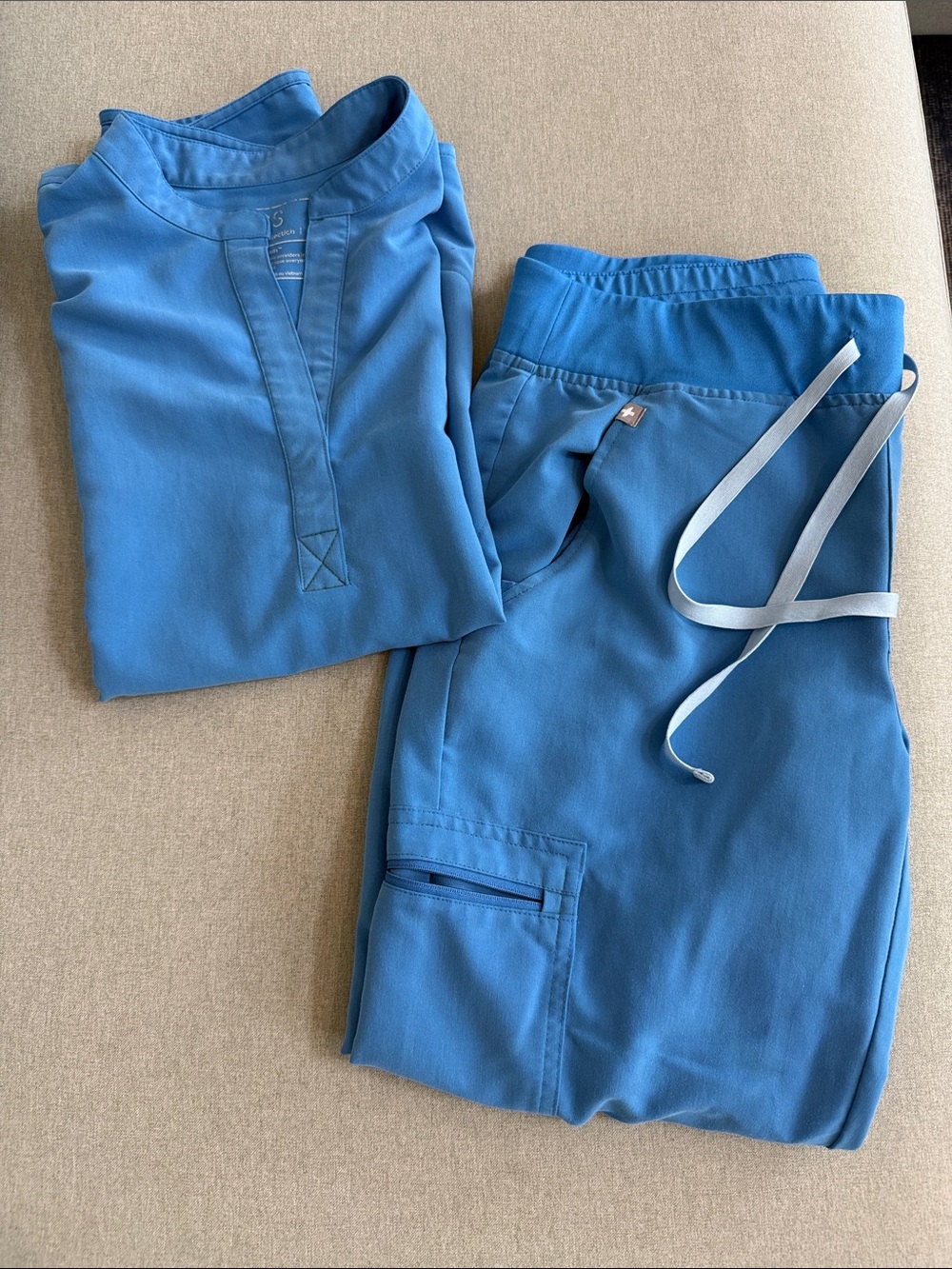 Figs Women's Scrub Set in Capri Blue, small top, PETITE small bottom